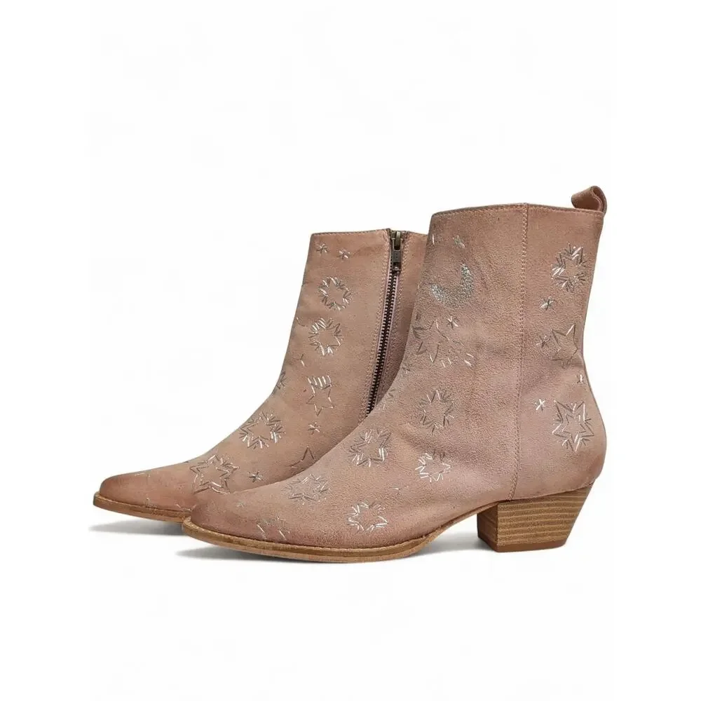Free People Bowers Pink Star Moon Embroidered Western Boots 9 39 NWOT Distressed - Picture 3 of 10